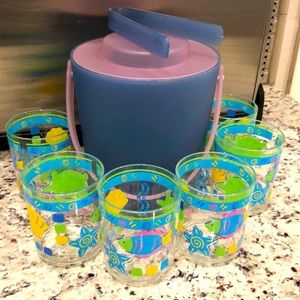 Ice Bucket with 6 plastic glasses blue & purple